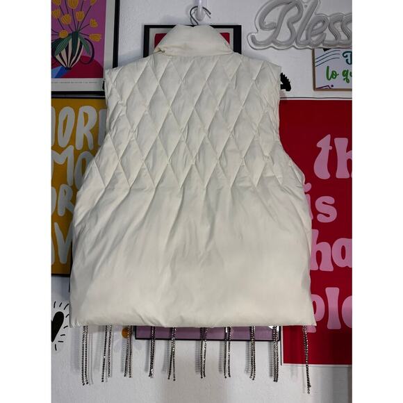 Forever 21 Embellished Puffer Vest – Cream Egret – Rhinestone Trim – Size Small - Picture 4 of 8